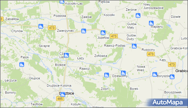 mapa Zofiówka gmina Drużbice, Zofiówka gmina Drużbice na mapie Targeo