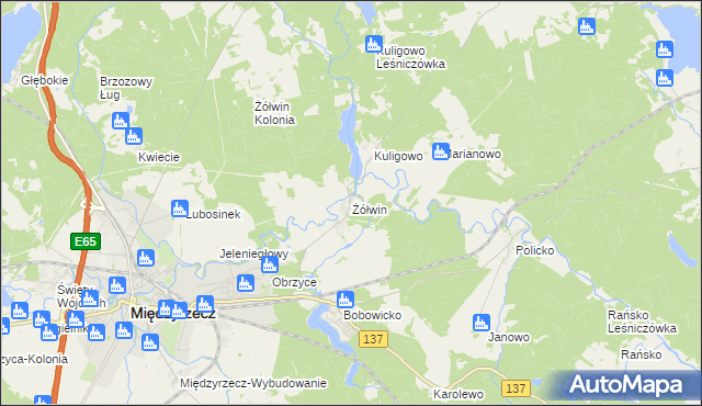 mapa Żółwin gmina Międzyrzecz, Żółwin gmina Międzyrzecz na mapie Targeo