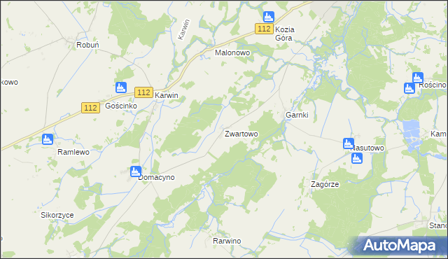 mapa Zwartowo gmina Karlino, Zwartowo gmina Karlino na mapie Targeo