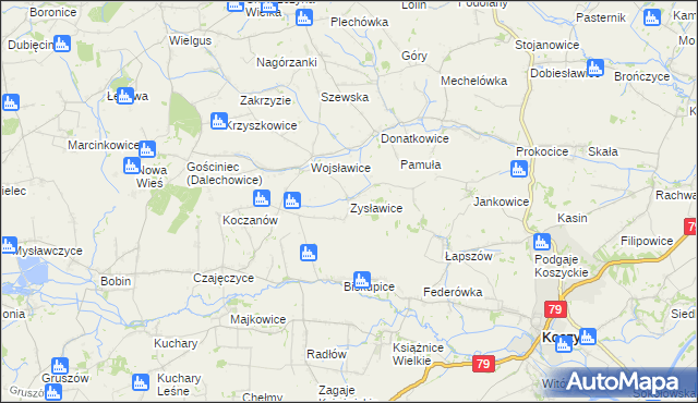 mapa Zysławice, Zysławice na mapie Targeo