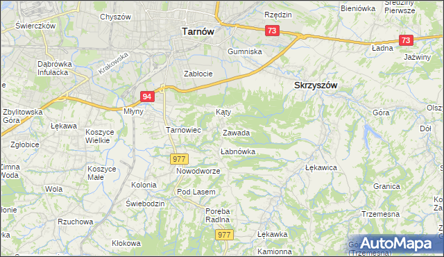 mapa Zawada gmina Tarnów, Zawada gmina Tarnów na mapie Targeo