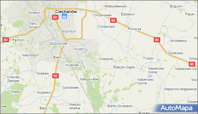 mapa Grędzice gmina Ciechanów, Grędzice gmina Ciechanów na mapie Targeo