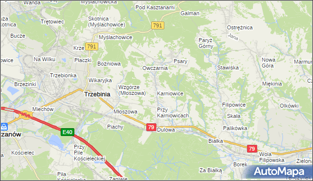 mapa Karniowice gmina Trzebinia, Karniowice gmina Trzebinia na mapie Targeo