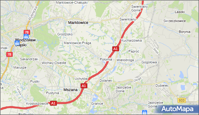 mapa Połomia gmina Mszana, Połomia gmina Mszana na mapie Targeo
