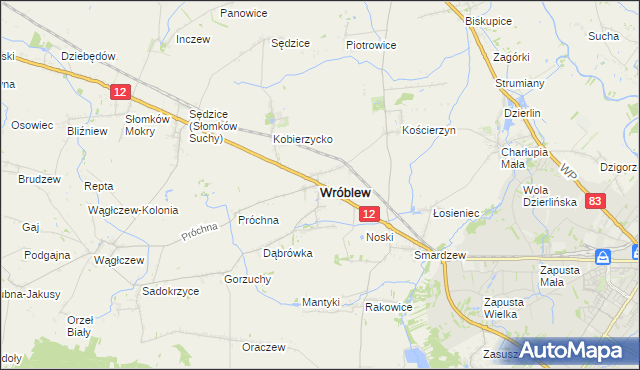 mapa Wróblew powiat sieradzki, Wróblew powiat sieradzki na mapie Targeo