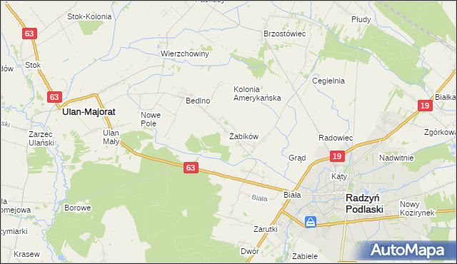 mapa Żabików gmina Radzyń Podlaski, Żabików gmina Radzyń Podlaski na mapie Targeo