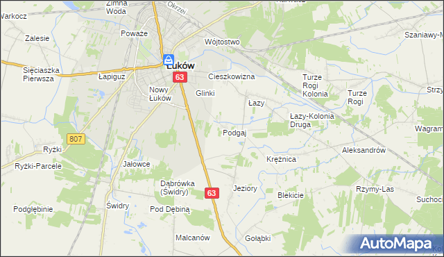mapa Podgaj gmina Łuków, Podgaj gmina Łuków na mapie Targeo