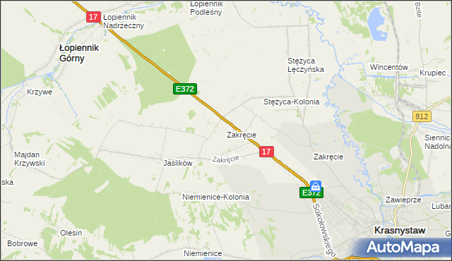 mapa Zakręcie gmina Krasnystaw, Zakręcie gmina Krasnystaw na mapie Targeo