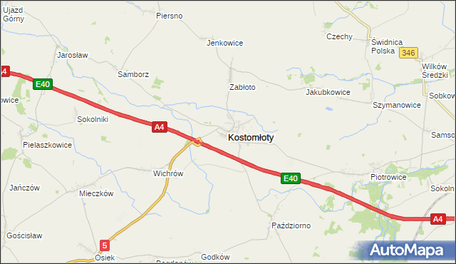 mapa Kostomłoty powiat średzki, Kostomłoty powiat średzki na mapie Targeo