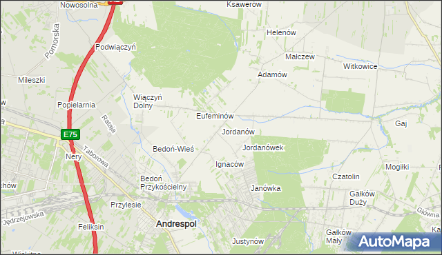 mapa Jordanów gmina Brzeziny, Jordanów gmina Brzeziny na mapie Targeo