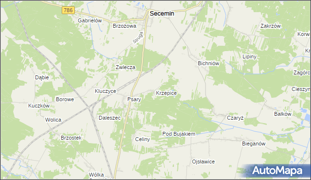 mapa Krzepice gmina Secemin, Krzepice gmina Secemin na mapie Targeo