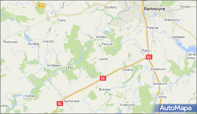 mapa Lipina gmina Bartoszyce, Lipina gmina Bartoszyce na mapie Targeo