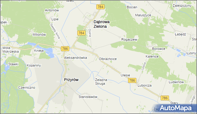 mapa Olbrachcice gmina Dąbrowa Zielona, Olbrachcice gmina Dąbrowa Zielona na mapie Targeo