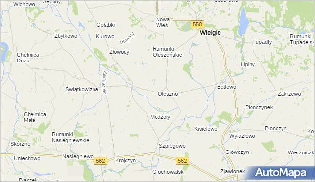 mapa Oleszno gmina Wielgie, Oleszno gmina Wielgie na mapie Targeo