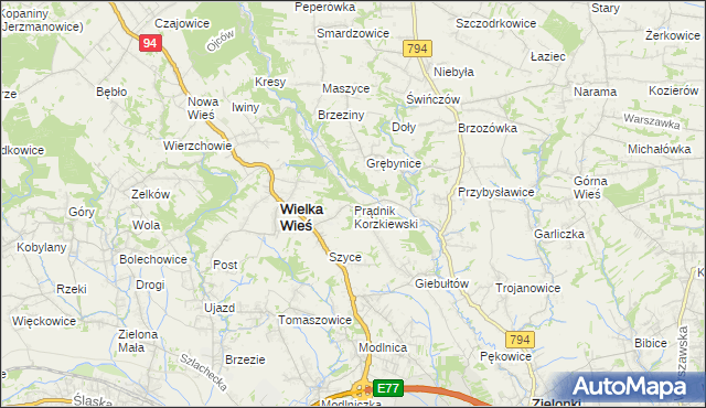 mapa Prądnik Korzkiewski, Prądnik Korzkiewski na mapie Targeo