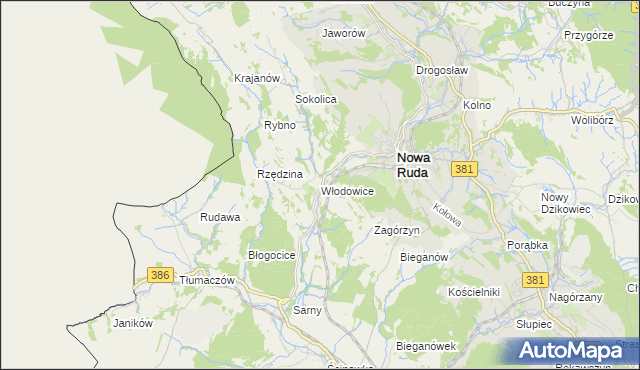 mapa Włodowice gmina Nowa Ruda, Włodowice gmina Nowa Ruda na mapie Targeo