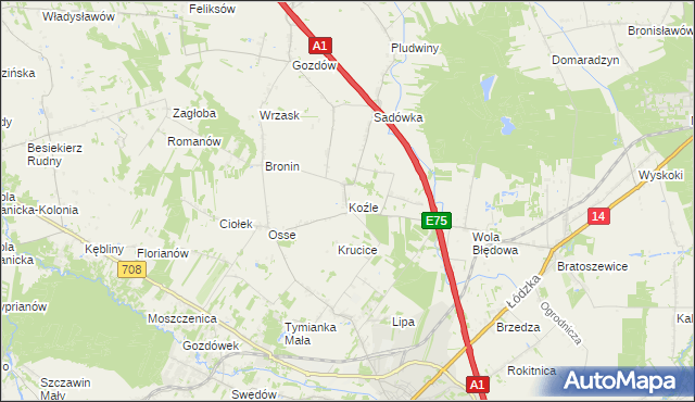 mapa Koźle gmina Stryków, Koźle gmina Stryków na mapie Targeo