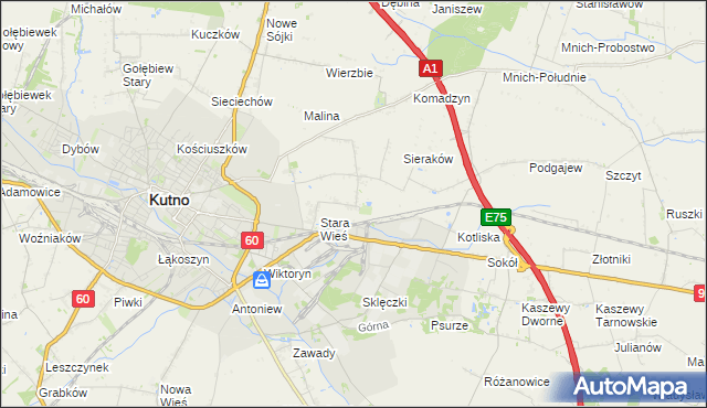 mapa Bielawki gmina Kutno, Bielawki gmina Kutno na mapie Targeo