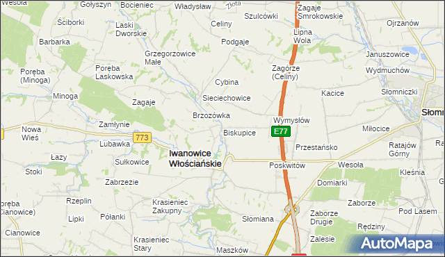 mapa Biskupice gmina Iwanowice, Biskupice gmina Iwanowice na mapie Targeo