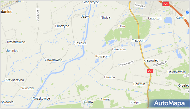 mapa Koszęcin gmina Deszczno, Koszęcin gmina Deszczno na mapie Targeo