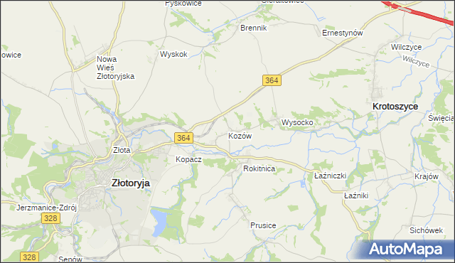 mapa Kozów gmina Złotoryja, Kozów gmina Złotoryja na mapie Targeo