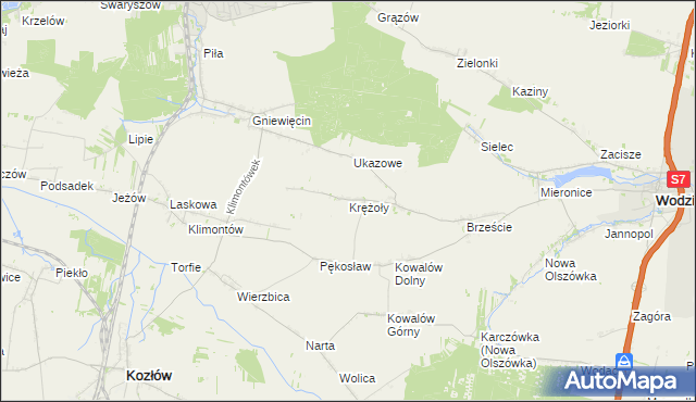 mapa Krężoły gmina Wodzisław, Krężoły gmina Wodzisław na mapie Targeo