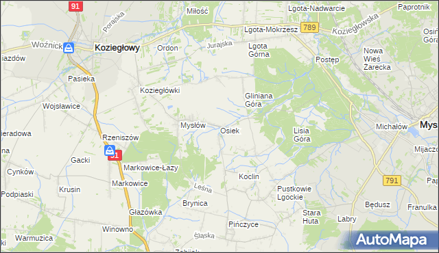 mapa Osiek gmina Koziegłowy, Osiek gmina Koziegłowy na mapie Targeo