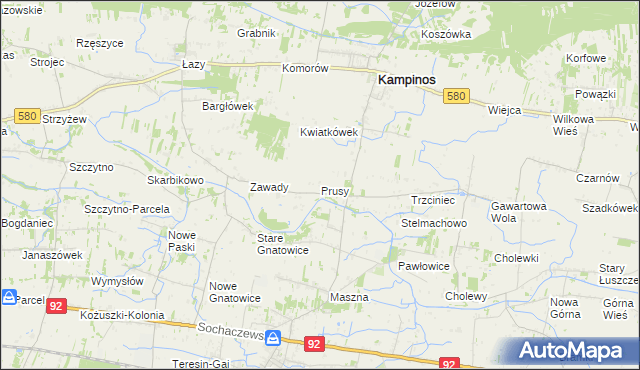 mapa Prusy gmina Kampinos, Prusy gmina Kampinos na mapie Targeo