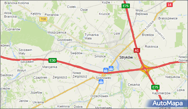 mapa Smolice gmina Stryków, Smolice gmina Stryków na mapie Targeo