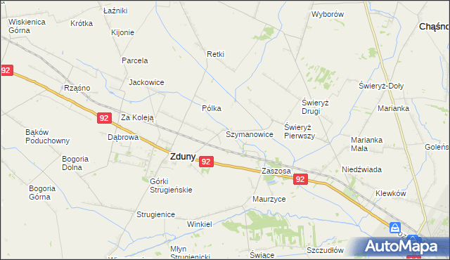 mapa Szymanowice gmina Zduny, Szymanowice gmina Zduny na mapie Targeo