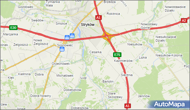 mapa Warszewice gmina Stryków, Warszewice gmina Stryków na mapie Targeo