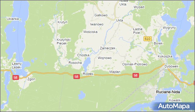 mapa Wojnowo gmina Ruciane-Nida, Wojnowo gmina Ruciane-Nida na mapie Targeo