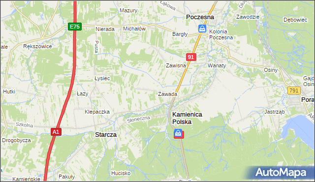mapa Zawada gmina Kamienica Polska, Zawada gmina Kamienica Polska na mapie Targeo