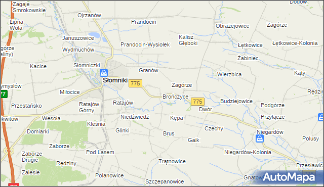 mapa Brończyce gmina Słomniki, Brończyce gmina Słomniki na mapie Targeo