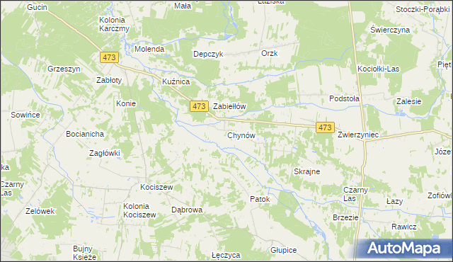 mapa Chynów gmina Drużbice, Chynów gmina Drużbice na mapie Targeo