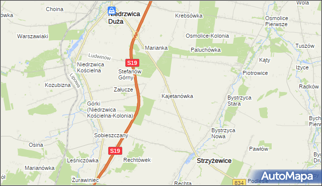 mapa Kajetanówka gmina Strzyżewice, Kajetanówka gmina Strzyżewice na mapie Targeo
