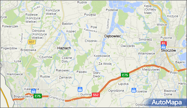 mapa Kostkowice gmina Dębowiec, Kostkowice gmina Dębowiec na mapie Targeo