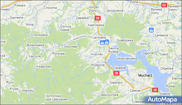 mapa Koziniec gmina Mucharz, Koziniec gmina Mucharz na mapie Targeo