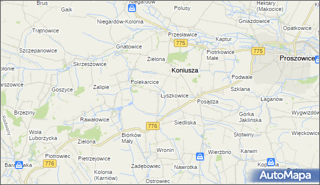 mapa Łyszkowice gmina Koniusza, Łyszkowice gmina Koniusza na mapie Targeo