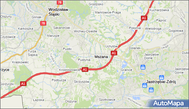 mapa Mszana powiat wodzisławski, Mszana powiat wodzisławski na mapie Targeo