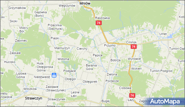 mapa Pępice gmina Mniów, Pępice gmina Mniów na mapie Targeo