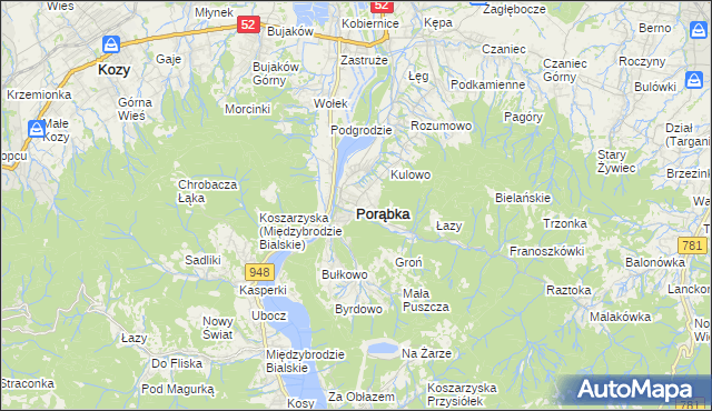 mapa Porąbka powiat bielski, Porąbka powiat bielski na mapie Targeo