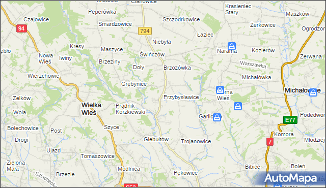 mapa Przybysławice gmina Zielonki, Przybysławice gmina Zielonki na mapie Targeo