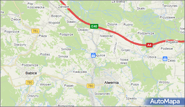 mapa Regulice gmina Alwernia, Regulice gmina Alwernia na mapie Targeo