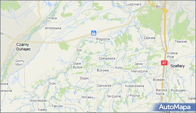 mapa Szeligówka gmina Czarny Dunajec, Szeligówka gmina Czarny Dunajec na mapie Targeo