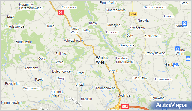 mapa Wielka Wieś powiat krakowski, Wielka Wieś powiat krakowski na mapie Targeo