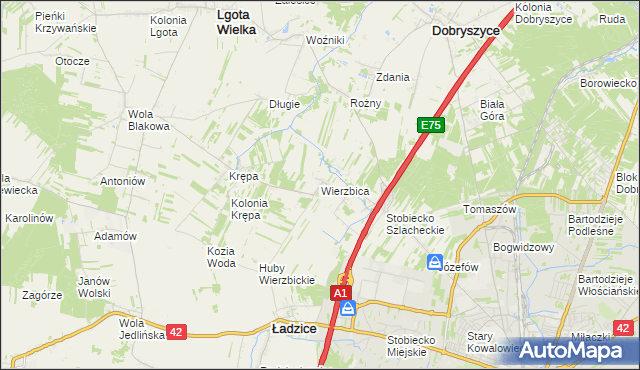 mapa Wierzbica gmina Ładzice, Wierzbica gmina Ładzice na mapie Targeo