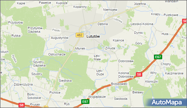 mapa Łęki Małe gmina Lututów, Łęki Małe gmina Lututów na mapie Targeo