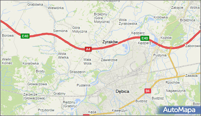 mapa Zawierzbie gmina Żyraków, Zawierzbie gmina Żyraków na mapie Targeo