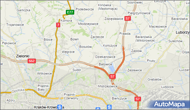 mapa Dziekanowice gmina Zielonki, Dziekanowice gmina Zielonki na mapie Targeo